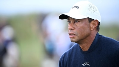 Tiger Woods reacts after driving from the 4th tee during his second round, on day two of the 152nd British Open Golf Championship (AFP)