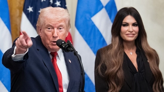 US President Donald Trump, left, and Kimberly Guilfoyle, US ambassador to Greece, during a Greek Independence Day celebration in the East Room of the White House in Washington, DC, US. (Bloomberg)
