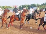 A polo match in progress between Remount Veterinary Corps and Indian Army’s Artillery team on Day 1 of Maharaja Ranjit Singh Polo Cup 2026 at Chandigarh Polo Club on Sunday. (HT Photo)
