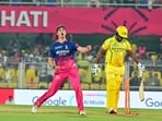 Rajasthan Royals' Nandre Burger celebrates the wicket of Chennai Super Kings' Sanju Samson during their Indian Premier League 2026 match