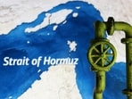 A map showing the Strait of Hormuz and a 3D printed oil pipeline are seen in this illustration taken March 23, 2026. 