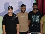 Mumbai, India - March 29, 2026: (L to R) Masood Alam, 28,Vijay Kumar , 42, Venkatesh Nandiki, 25, Venkatarao Jammu,35, Ketan Mehta, 30,Captain(2nd L) and Crew of Valiant Row returned today morning from Iran after being stranded there since there ship was taken in custody by Iranian Navy on 8th Dec addressing to media during the press conference in Mumbai, India, on Sunday, March 29, 2026. (Photo by Anshuman Poyrekar/Hindustan Times) (Anshuman Poyrekar/HT Photo)