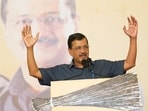 AAP leaders Arvind Kejriwal address a public meeting in Dahod, Gujarat.