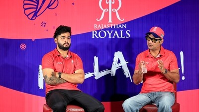 Rajasthan Royals captain Riyan Parag, left, with team's Head Coach Kumar Sangakkara, during a pre-season press conference (PTI) Rajasthan Royals captain Riyan Parag, left, with team's Head Coach Kumar Sangakkara, during a pre-season press conference (PTI)