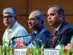 Registrar General & Census Commissioner of India, Mritunjay Kumar Narayan, and other dignitaries address a press conference, in New Delhi on Monday.