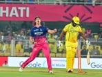 Nandre Burger celebrates the wicket of Sanju Samson in Guawahati.