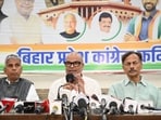 Bihar Congress president Rajesh Ram addresses a press conference at the party headquarters in Patna on Tuesday. (@INCBihar/X)