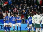 Italy players celebrate during their semifinal win over Northern Ireland in Bergamo. Italy players celebrate during their semifinal win over Northern Ireland in Bergamo.
