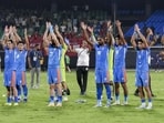 India's players greet fans after winning an AFC Asian Cup Saudi Arabia 2027 Qualifiers Final Round Group C football match against Hong Kong, in Kochi, Kerala, Tuesday. (PTI)