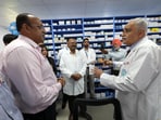 PGIMER director Dr Vivek Lal interacting with Rajesh Nair, vice-president, AMRIT pharmacy, after the store’s inauguration. (HT Photo) PGIMER director Dr Vivek Lal interacting with Rajesh Nair, vice-president, AMRIT pharmacy, after the store’s inauguration. (HT Photo)