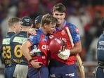 Punjab Kings' Cooper Connolly, front left, and Xavier Bartlett celebrate after winning against Gujarat Titans. (PTI)