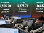 Currency traders watch monitors near a screen showing the Korea Composite Stock Price Index (KOSPI), top center, and the foreign exchange rate between U.S. dollar and South Korean won, top left, at the foreign exchange dealing room of the Hana Bank headquarters in Seoul, South Korea, Thursday, March 26, 2026. (AP Photo/Ahn Young-joon)