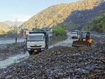 The Jammu-Srinagar National Highway (NH-44) blocked due to a landslide after a heavy rainfall in the Mehar area, Ramban, on Tuesday. (ANI Video Grab)