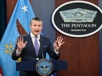 Pete Hegseth at a press briefing on Tuesday.