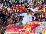 Tamilaga Vettri Kazhagam (TVK) chief Vijay waves the party flag during a public rally at Kolathur Assembly constituency ahead of Tamil Nadu Assembly Election, in Chennai. (PTI Photo/R Senthilkumar)(PTI03_30_2026_000282A)