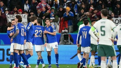 Italy players celebrate during their semifinal win over Northern Ireland in Bergamo. (AFP) Italy players celebrate during their semifinal win over Northern Ireland in Bergamo. (AFP)