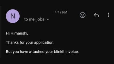 A woman’s job application went viral after she mistakenly uploaded a Blinkit invoice instead of her CV. (X/@usernamekyaahai) A woman’s job application went viral after she mistakenly uploaded a Blinkit invoice instead of her CV. (X/@usernamekyaahai)