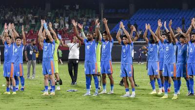India's players greet fans after winning an AFC Asian Cup Saudi Arabia 2027 Qualifiers Final Round Group C football match against Hong Kong, in Kochi, Kerala, Tuesday. (PTI)