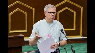 Jammu and Kashmir CM Omar Abdullah speaks during the Budget session of the J&K Assembly, in Jammu, on Tuesday. (PTI)