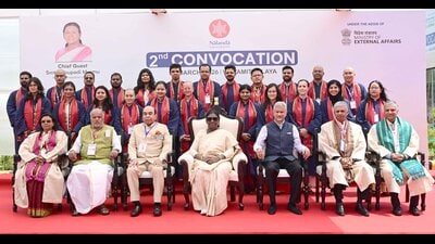 President Droupadi Murmu, Bihar governor Lt. Gen. (Retd) Syed Ata Hasnain, minister of external affairs Dr S Jaishankar, N alanda University vice-chancellor Sachin Chaturvedi with meritorious students during the convocation of the Nalanda University in Rajgir on Tuesday. (@rashtrapatibhvn/X) President Droupadi Murmu, Bihar governor Lt. Gen. (Retd) Syed Ata Hasnain, minister of external affairs Dr S Jaishankar, N alanda University vice-chancellor Sachin Chaturvedi with meritorious students during the convocation of the Nalanda University in Rajgir on Tuesday. (@rashtrapatibhvn/X)