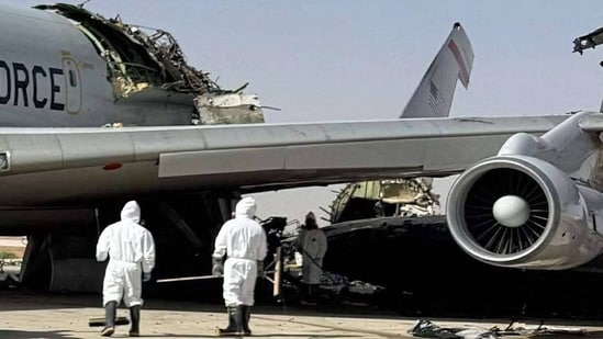 A destroyed US Air Force Airborne Warning and Control System (AWACS) aircraft in the aftermath of a projectile strike at Prince Sultan Airbase in Saudi Arabia. An Iranian missile and drone attack on the Prince Sultan Air Base in Saudi Arabia wounded at least 12 US soldiers, two of them seriously. (AFP)