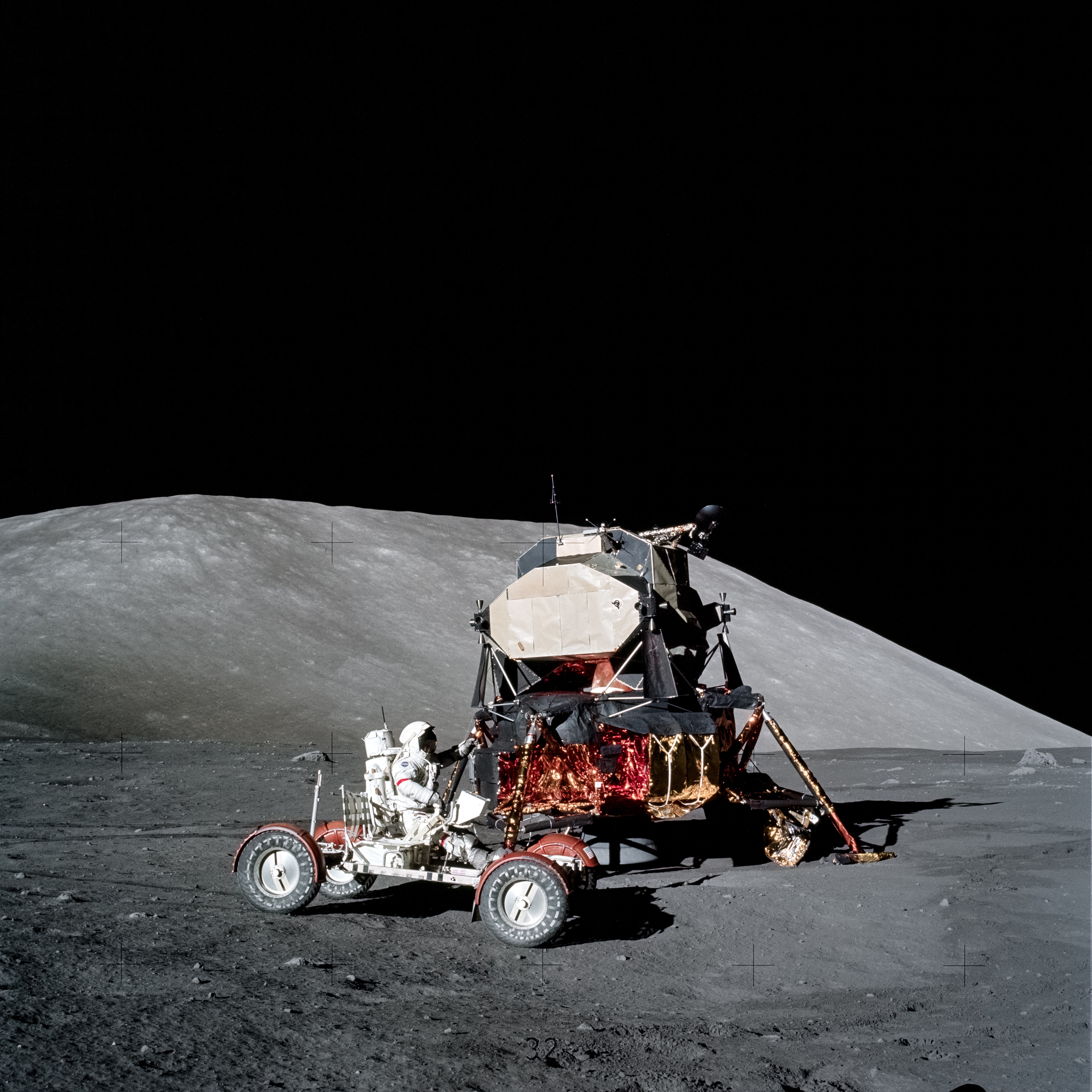 Astronaut Eugene A Cernan, Apollo 17 mission commander, making a short checkout of the Lunar Roving Vehicle during the early part of the first Apollo 17 extravehicular activity (EVA) at the Taurus-Littrow landing site on the moon, on December 11, 1972. The lunar module is in the background. This photograph was taken by scientist-astronaut Harrison H. Schmitt, lunar module pilot. (Photo: Nasa) Astronaut Eugene A Cernan, Apollo 17 mission commander, making a short checkout of the Lunar Roving Vehicle during the early part of the first Apollo 17 extravehicular activity (EVA) at the Taurus-Littrow landing site on the moon, on December 11, 1972. The lunar module is in the background. This photograph was taken by scientist-astronaut Harrison H. Schmitt, lunar module pilot. (Photo: Nasa)