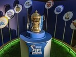IPL Trophy during the 2021 Indian Premier League player auction, at the Hotel ITC Grand Chola in Chennai, on Thursday.