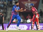 Mukesh Kumar celebrates after taking wicket of LSG skipper Rishabh Pant during the IPL match between Lucknow Super Giants and Delhi Capitals