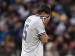 Italy's Pio Esposito reacts after missing a penalty kick during a World Cup qualifying playoff final soccer match between Bosnia and Italy in Zenica