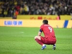 Robert Lewandowski reacts after Poland failed to qualify for the FIFA World Cup. Robert Lewandowski reacts after Poland failed to qualify for the FIFA World Cup.