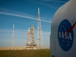 NASA's Artemis II lunar flyby mission, with the next-generation moon rocket, the Space Launch System (SLS) rocket and the Orion crew capsule, sits on Pad 39B ahead of the launch of the Artemis II mission at the Kennedy Space Center in Cape Canaveral, Florida, March 31.