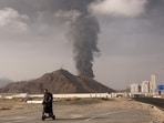 Smoke rising from a fire in the U.A.E. caused by debris after a drone was intercepted in early March.