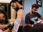 Virat Kohli getting a vegan tattoo at Alien Tattoos; George from Ahimsa Tattoos 