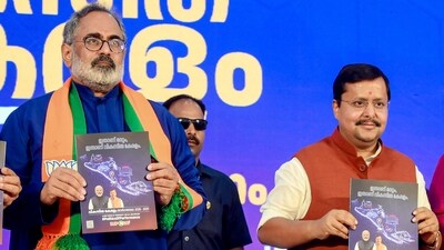 Thiruvananthapuram: BJP National President Nitin Nabin, right, and the party's Kerala President Rajeev Chandrasekhar during the release of NDA's election manifesto for the upcoming state Assembly polls, in Thiruvananthapuram, Kerala, (PTI) Thiruvananthapuram: BJP National President Nitin Nabin, right, and the party's Kerala President Rajeev Chandrasekhar during the release of NDA's election manifesto for the upcoming state Assembly polls, in Thiruvananthapuram, Kerala, (PTI)