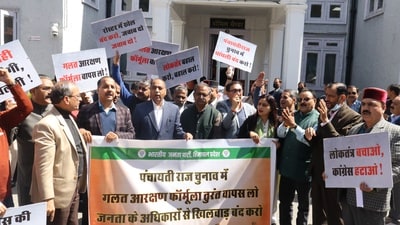 The BJP staged a protest outside the Himachal Pradesh Vidhan Sabha on Wednesday, accusing the Sukhvinder Singh Sukhu-led Congress government of undermining constitutional provisions to deliberately delay the panchayat elections. (Deepak Sansta/ HT) The BJP staged a protest outside the Himachal Pradesh Vidhan Sabha on Wednesday, accusing the Sukhvinder Singh Sukhu-led Congress government of undermining constitutional provisions to deliberately delay the panchayat elections. (Deepak Sansta/ HT)