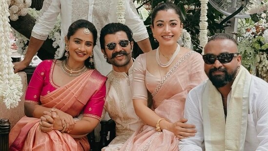 At a wedding, Rashmika dazzled in a sequinned saree while Anand wore a classic kurta. (Instagram/@ananddeverakonda)