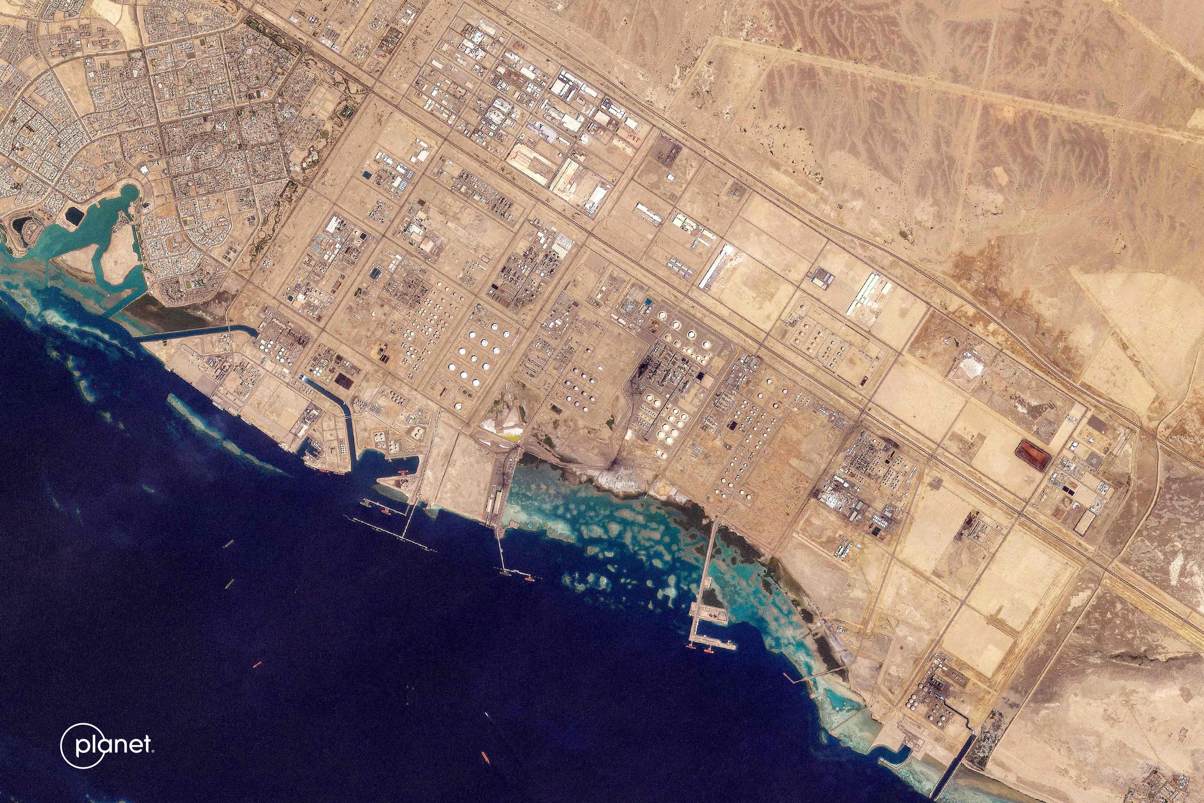 This handout satellite image taken by 2026 Planet Labs PBC shows the oil infrastructure at Saudi Arabia's western Red Sea port of Yanbu on March 4, 2026. (AFP)