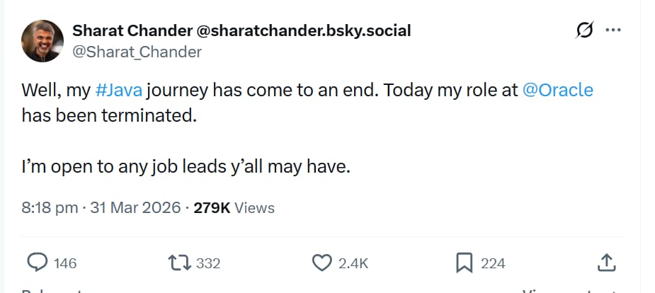 An X post by laid off oracle exec Sharat Chander. (Sharat Chander) An X post by laid off oracle exec Sharat Chander. (Sharat Chander)