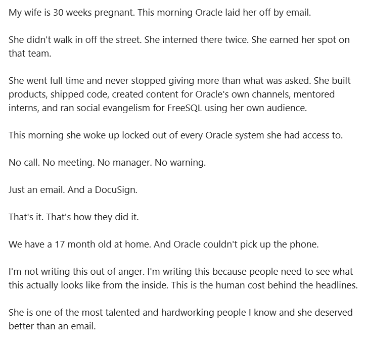 A post shared on LinkedIn about Oracle layoffs. (Screengrab (LinkedIn)) A post shared on LinkedIn about Oracle layoffs. (Screengrab (LinkedIn))