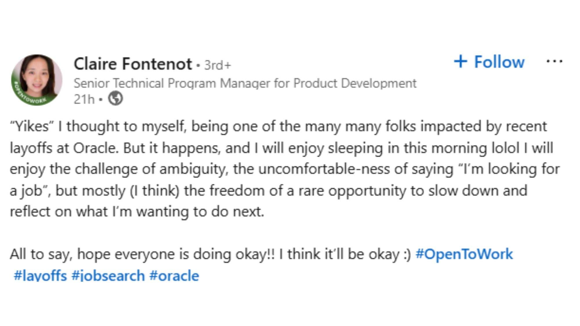Fontenot worked as a Senior Technical Program Manager for Product Development at Oracle. (LinkedIn/Claire Fontenot ) Fontenot worked as a Senior Technical Program Manager for Product Development at Oracle. (LinkedIn/Claire Fontenot )