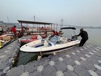 A view of the motor boats at Kali ghat in Prayagraj. (HT)
