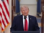 President Donald Trump speaks about the Iran war from the Cross Hall of the White House. 
