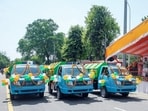 Chief minister Yogi Adityanath flags off 250 electric and CNG vehicles for improved waste management in Lucknow on Wednesday. (ANI PHOTO)