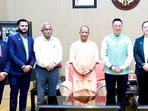 Chief minister Yogi Adityanath with Singapore high commissioner to India Simon Wong and others in Lucknow on Thursday. (Sourced)