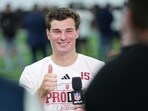 Indiana quarterback Fernando Mendoza gives a thumbs up after an interview with NFL Network Indiana quarterback Fernando Mendoza gives a thumbs up after an interview with NFL Network