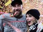 Travis Kelce, left, and Taylor Swift pose after the AFC Championship game against the Buffalo Bills