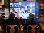 UK foreign secretary Yvette Cooper, right, delivers the opening remarks at a virtual meeting to discuss the re-opening of the Strait of Hormuz, on Thursday. (Bloomberg) UK foreign secretary Yvette Cooper, right, delivers the opening remarks at a virtual meeting to discuss the re-opening of the Strait of Hormuz, on Thursday. (Bloomberg)