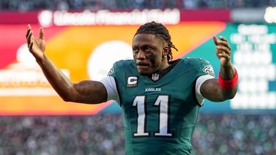 A.J. Brown #11 of the Philadelphia Eagles pumps up the crowd before the NFC Wild Card Playoff game against the San Francisco 49ers (Getty Images via AFP) A.J. Brown #11 of the Philadelphia Eagles pumps up the crowd before the NFC Wild Card Playoff game against the San Francisco 49ers (Getty Images via AFP)