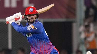 Delhi Capitals' Sameer Rizvi plays a shot during the Indian Premier League (IPL) 2026 match. (PTI) Delhi Capitals' Sameer Rizvi plays a shot during the Indian Premier League (IPL) 2026 match. (PTI)