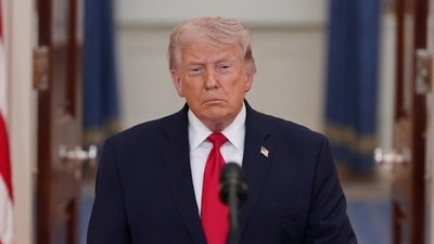 US President Donald Trump arrives to deliver an address to the nation about the Iran war at the White House. (via REUTERS)